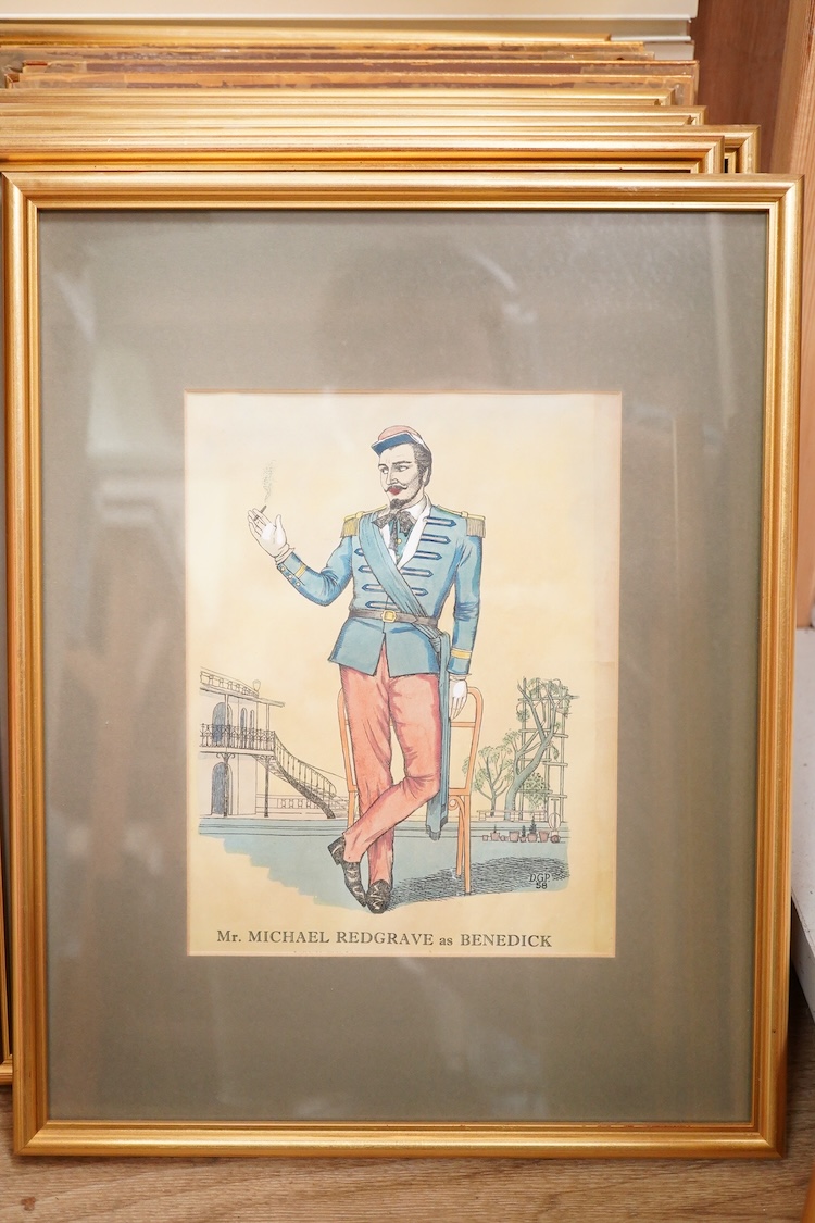A set of fourteen colour prints depicting actors to include: Mr. Harry Andrews as King in Hamlet, Mr. Richard Johnson as Romeo and Mr. Paul Robeson as Othello, 21 x 16cm